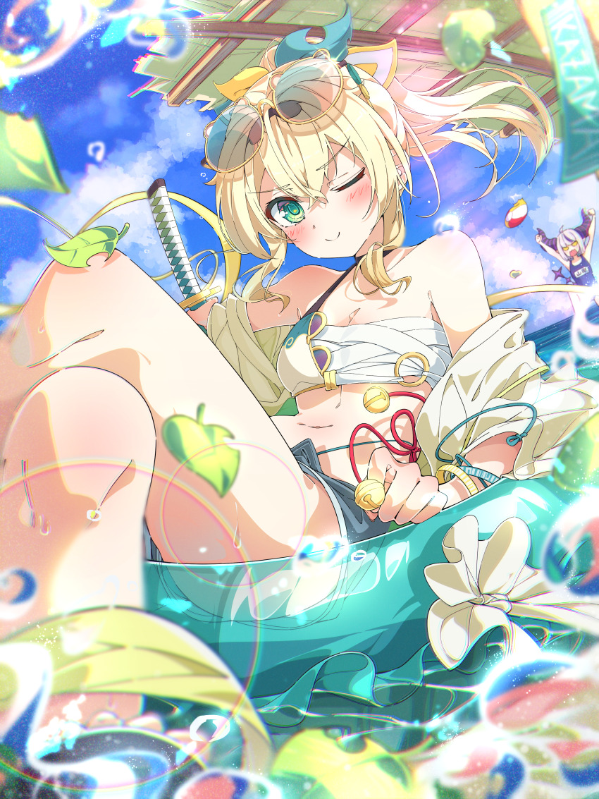 2girls absurdres ama_rei bell blonde_hair blush bow breasts chest_sarashi crossed_legs eyewear_on_head green_eyes hair_bow hair_ornament haori highres hololive innertube japanese_clothes jingle_bell katana kazama_iroha la+_darknesss leaf leaf_hair_ornament looking_at_viewer medium_breasts multiple_girls off_shoulder one_eye_closed ponytail sarashi see-through_clothes short_shorts shorts smile sunglasses swim_ring sword virtual_youtuber weapon yellow_haori