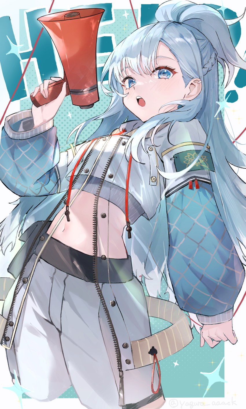 1girl absurdres blue_eyes blue_hair blush cropped_jacket help!!_(hololive) highres holding holding_megaphone hololive hololive_indonesia jacket kobo_kanaeru kobo_kanaeru_(1st_costume) long_hair looking_at_viewer megaphone open_mouth shorts solo teeth upper_teeth_only virtual_youtuber white_jacket white_shorts yagura_(yagura_aaaok)