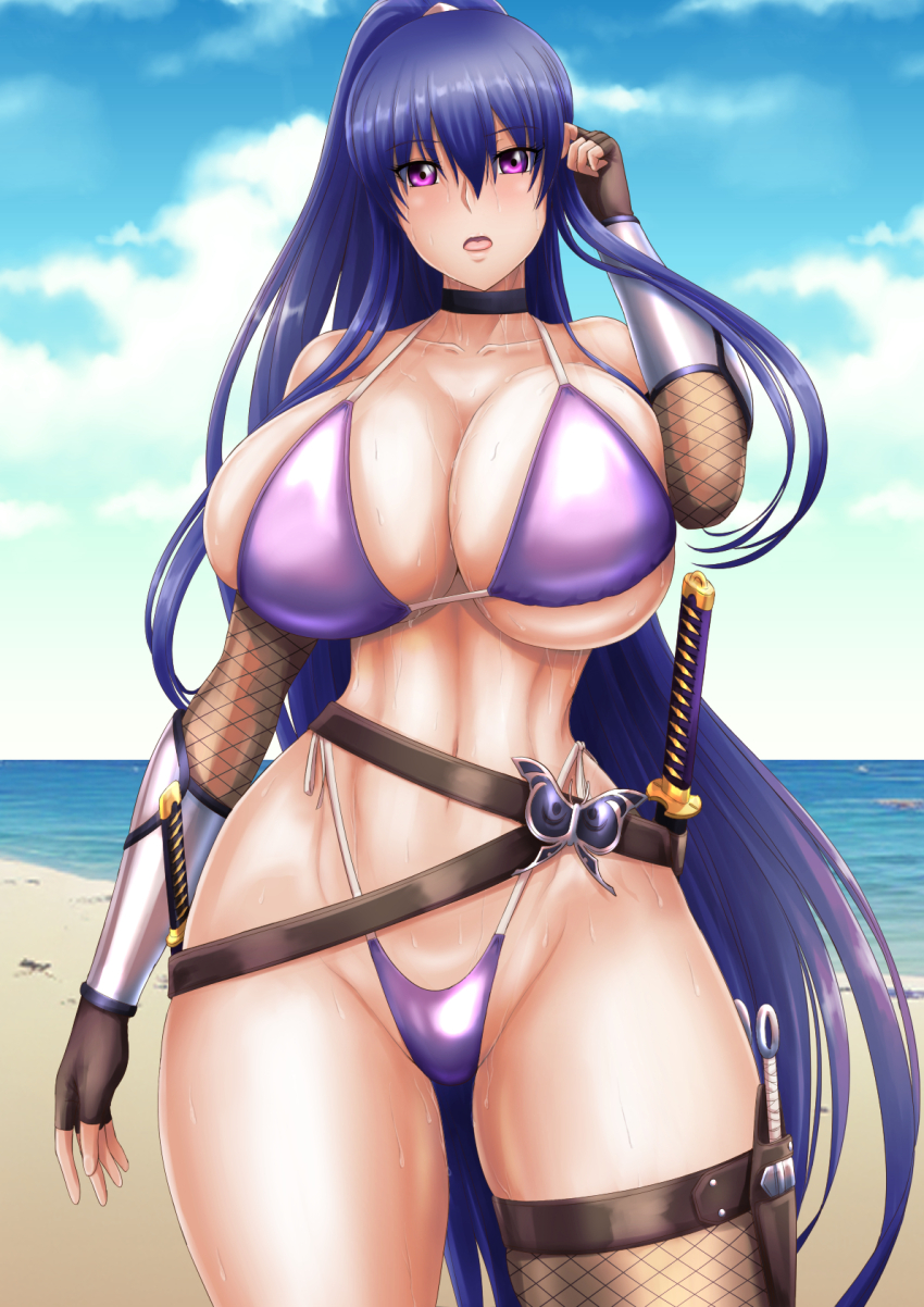 1girl akiyama_rinko alternate_costume beach bikini breasts curvy fingerless_gloves gloves high_ponytail highleg highleg_bikini highres huge_breasts kunai long_hair looking_at_viewer micro_bikini navel nikozes ocean official_alternate_costume ponytail shiny_skin smile solo standing swimsuit taimanin_(series) taimanin_rpgx taimanin_yukikaze thick_thighs thighs thong thong_bikini very_long_hair weapon wide_hips