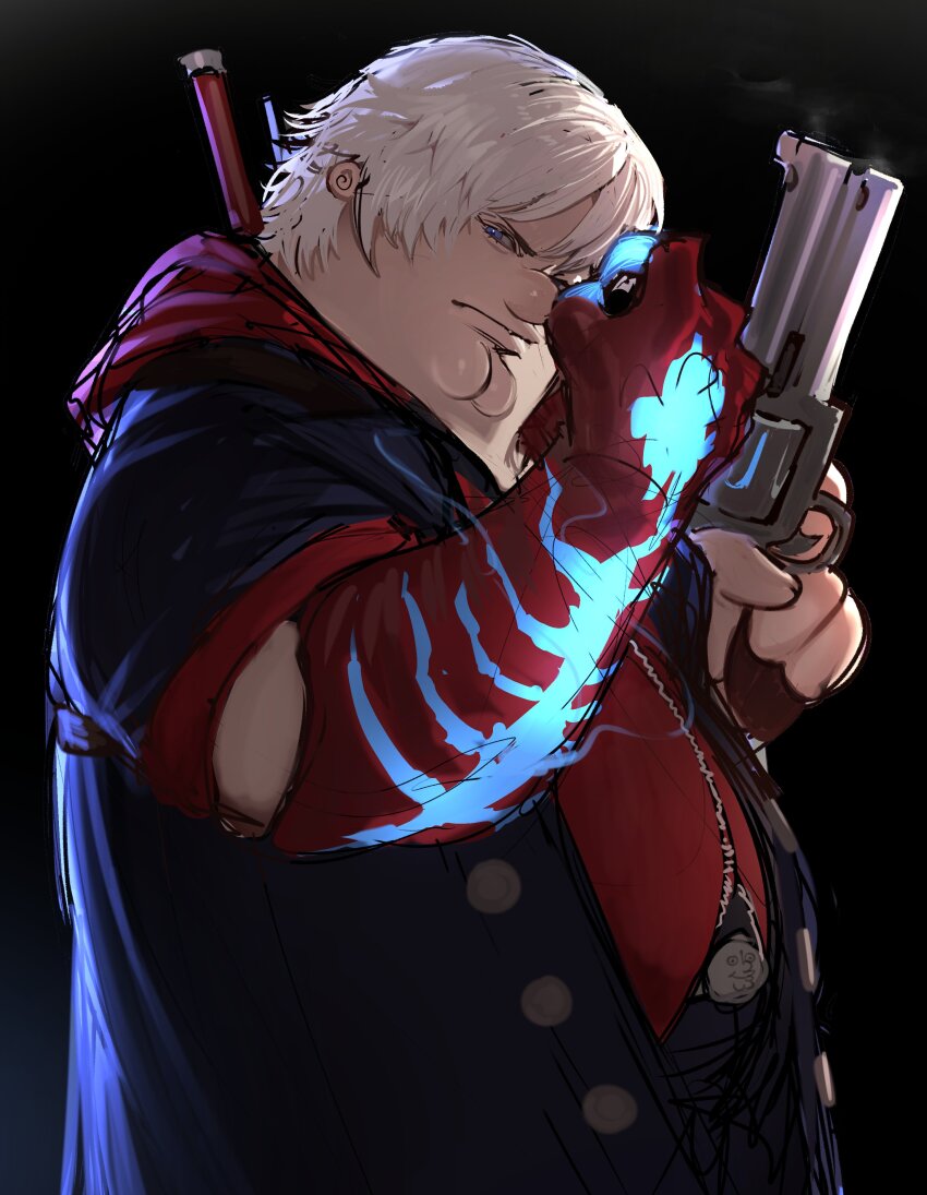 1boy absurdres belt belt_buckle blue_coat blue_eyes blue_rose_(gun) buckle cleft_chin coat cosplay devil_bringer devil_may_cry devil_may_cry_(series) devil_may_cry_4 family_guy fat fat_man gun handgun highres holding holding_gun holding_weapon kowai_(iamkowai) looking_at_viewer male_focus nero_(devil_may_cry) nero_(devil_may_cry)_(cosplay) peter_griffin red_queen_(sword) red_shirt revolver shirt short_hair short_sleeves solo sword weapon weapon_on_back white_hair