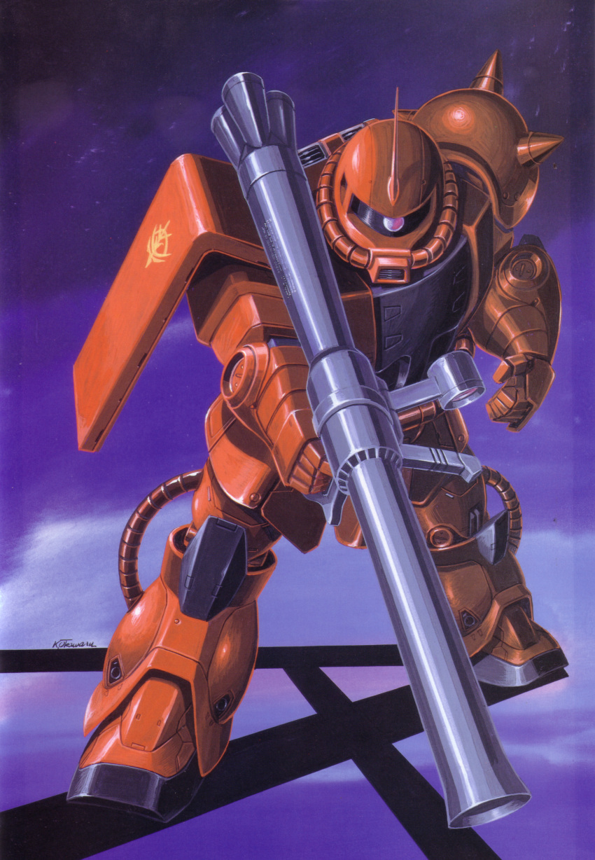 absurdres gundam highres mecha mobile_suit_gundam official_art ookawara_kunio robot rocket_launcher weapon zaku zaku_ii zaku_ii_char_s_custom