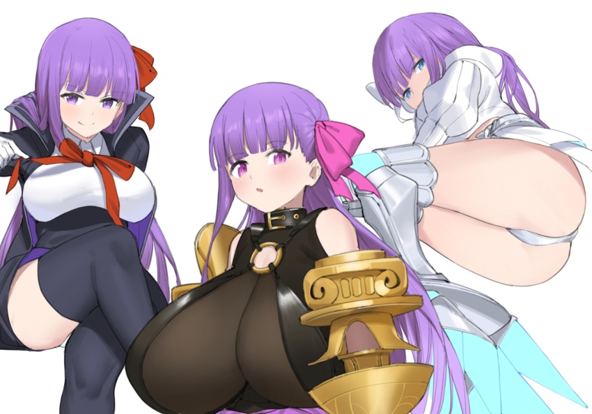 3girls ass bb_(fate) bb_(fate/extra) black_choker black_coat black_footwear blue_eyes boots breasts buckle choker claw_(weapon) coat crossed_legs fate/grand_order fate_(series) gloves hair_ribbon highres huge_breasts large_breasts leotard long_hair looking_at_viewer md5_mismatch meltryllis_(fate) meltryllis_(third_ascension)_(fate) multiple_girls neck_ribbon o-ring open_clothes open_coat open_mouth passionlip_(fate) pink_ribbon popped_collar prosthesis prosthetic_leg purple_eyes purple_hair red_ribbon resolution_mismatch ribbon s.w smile source_smaller thigh_boots thighhighs very_long_hair weapon white_gloves white_leotard white_ribbon