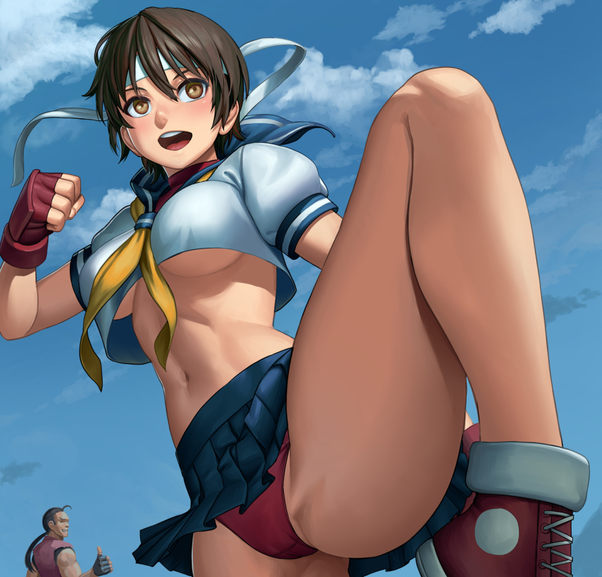 1boy 1girl blue_sky breasts brown_eyes brown_hair cleavage converse day fighting_stance fingerless_gloves gloves headband hibiki_dan highres kasugano_sakura lasterk leg_up navel netorare no_bra open_mouth panties pantyshot sailor_collar school_uniform serafuku shoes short_hair skirt sky sneakers solo_focus standing stomach street_fighter street_fighter_zero_(series) thighs thumbs_up underboob underwear