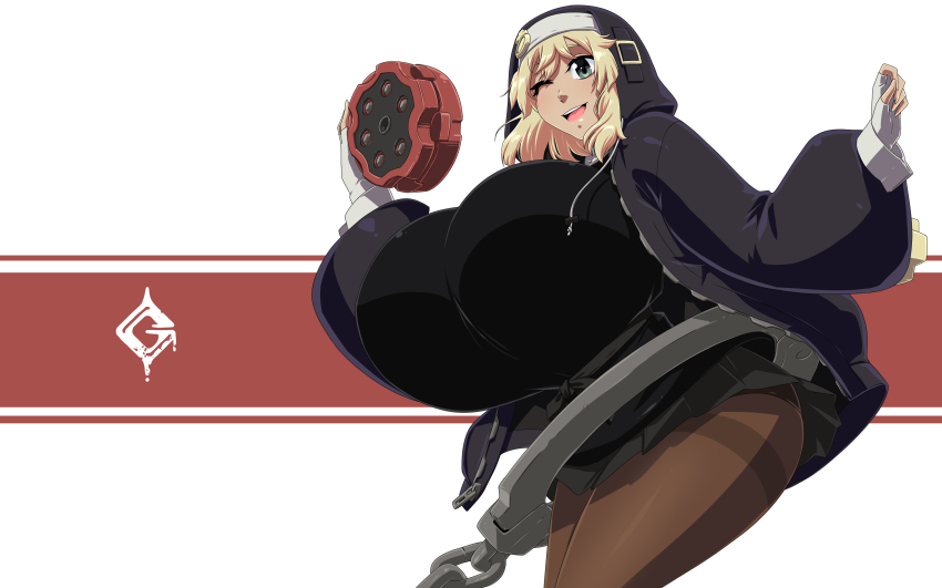 1girl absurdres black_hoodie black_skirt blonde_hair breasts bridget_(guilty_gear) genderswap genderswap_(mtf) gigantic_breasts green_eyes guilty_gear guilty_gear_strive highres hood hoodie one_eye_closed pantyhose skirt solo white_background yo-yo zdemian