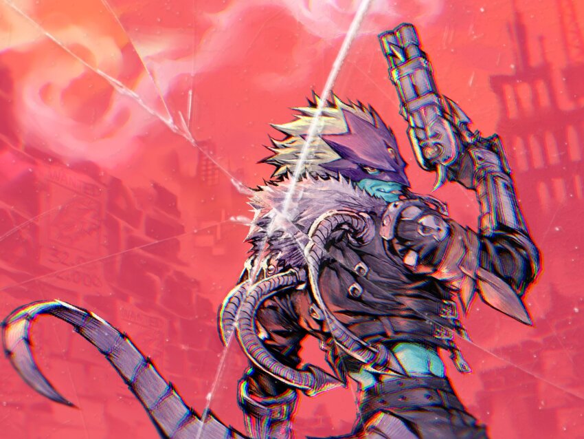 1boy bandana bandana_around_arm beelzebumon black_jacket blonde_hair blue_skin broken_glass colored_skin cowboy_shot cropped_jacket digimon digimon_(creature) from_behind glass gun henrymagenta highres holding holding_gun holding_weapon jacket red_background red_bandana red_eyes short_hair solo third_eye trigger_discipline weapon