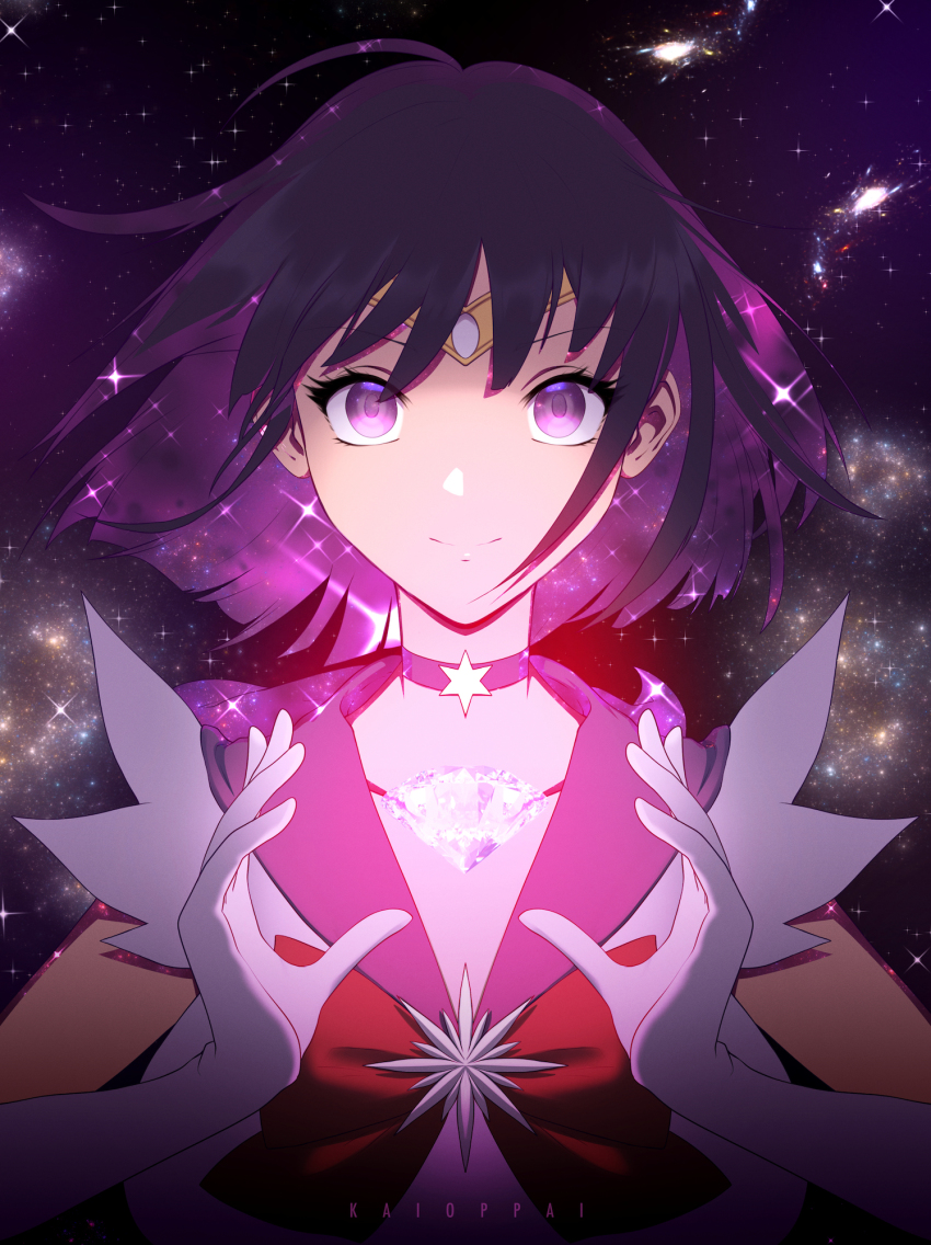 1girl bishoujo_senshi_sailor_moon bow bowtie brooch choker circlet collarbone elbow_gloves female_focus floating_hair gloves hair_between_eyes highres jewelry kaioppai looking_at_viewer medium_hair purple_choker purple_eyes purple_hair purple_sailor_collar red_bow red_bowtie sailor_collar sailor_saturn sailor_senshi_uniform solo star_(sky) star_(symbol) star_brooch star_choker upper_body white_gloves