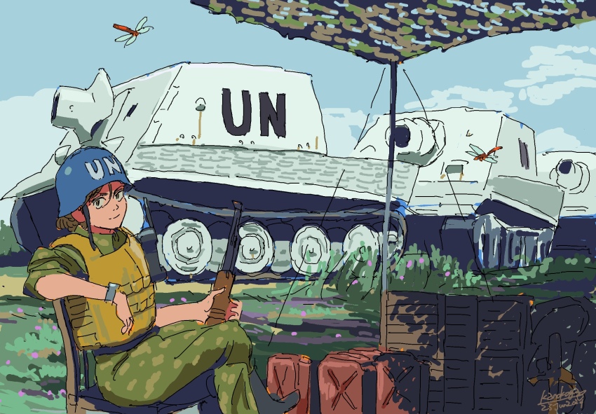 1girl blue_helmet blue_sky bug bulletproof_vest chair dragonfly grass helmet highres insect kanokoga looking_at_viewer original outdoors short_hair sitting sky solo sturmtiger united_nations watch wristwatch