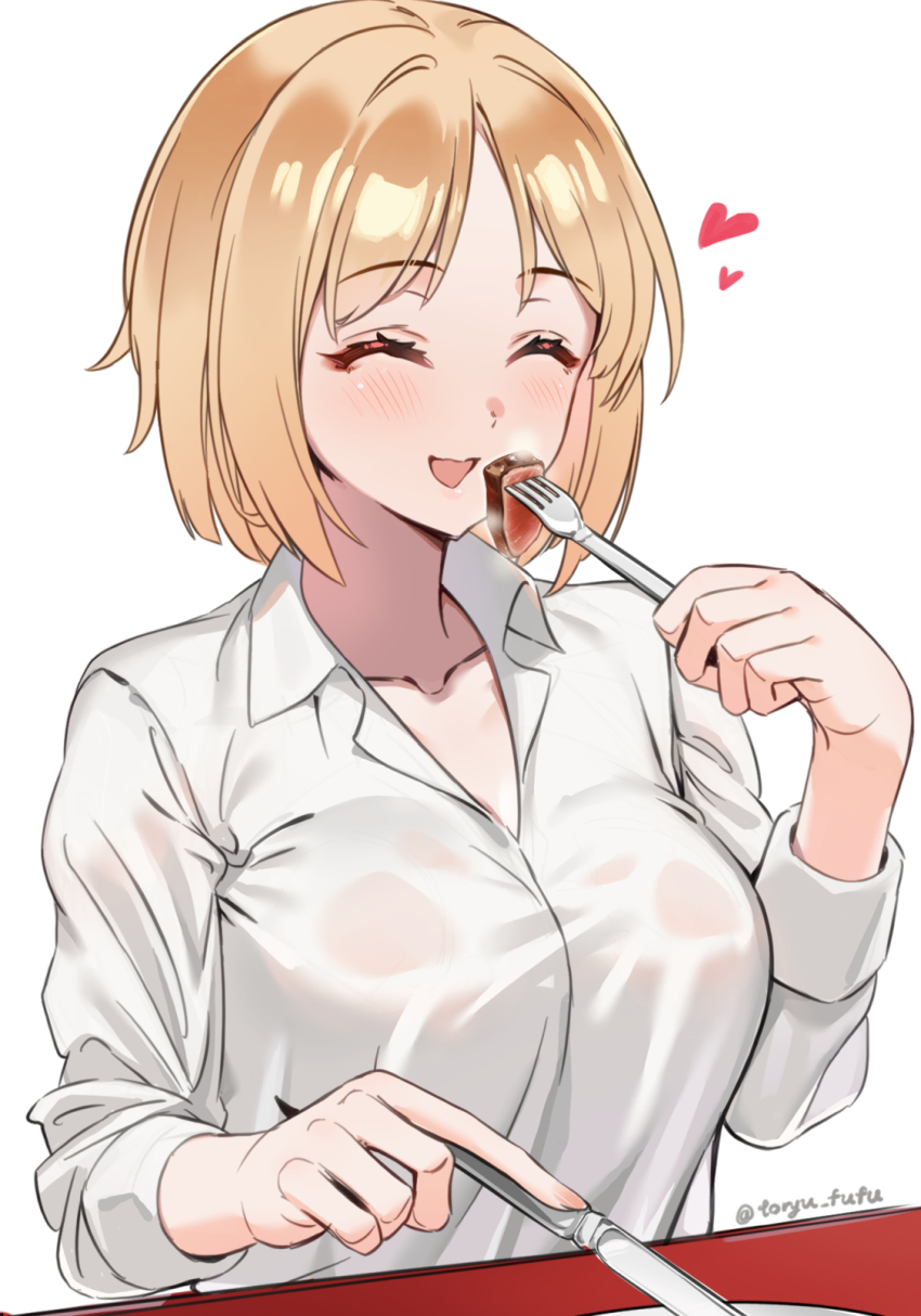 1girl blonde_hair breasts closed_mouth collarbone eating fingernails food fork girls&#039;_frontline hand_up heart highres holding holding_fork holding_knife knife large_breasts long_sleeves medium_hair mp40_(girls&#039;_frontline) open_mouth see-through_clothes see-through_shirt shirt simple_background solo steak toryu_fufu twitter_username upper_body white_background white_shirt