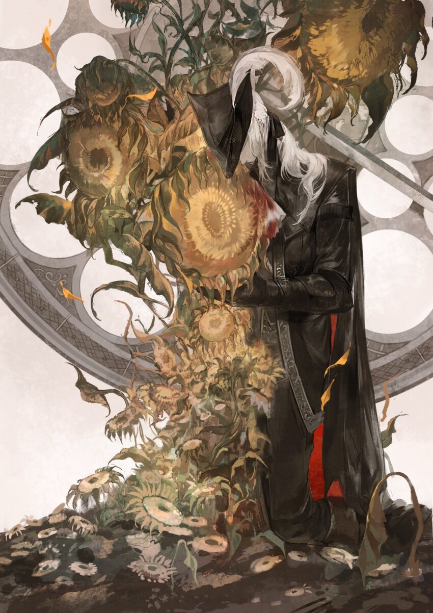 1girl ascot black_coat black_gloves black_hat black_pants blood bloodborne cape coat flower gloves hat hat_feather highres holding holding_flower kneeling lady_maria_of_the_astral_clocktower long_hair pants ponytail solo sunflower tricorne white_hair withered yayaziiii