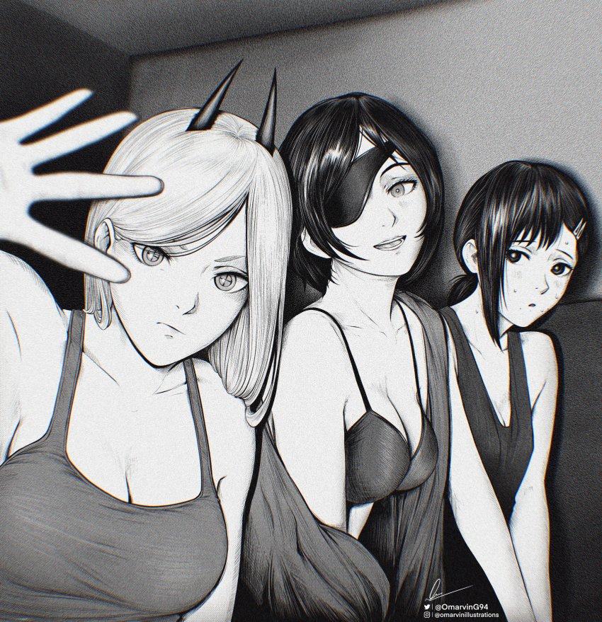 3girls absurdres bra breasts chainsaw_man chromatic_aberration cleavage cross-shaped_pupils eyepatch film_grain frown greyscale hair_behind_ear hair_ornament hairclip higashiyama_kobeni highres himeno_(chainsaw_man) horns large_breasts marvin_(omarvin) medium_breasts monochrome multiple_girls nervous open_mouth ponytail power_(chainsaw_man) signature smile sweat symbol-shaped_pupils tank_top twitter_logo twitter_username underwear