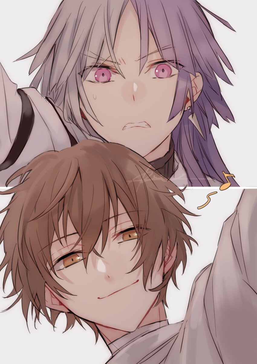 2boys absurdres brown_eyes brown_hair bungou_stray_dogs closed_mouth dazai_osamu_(bungou_stray_dogs) earrings frown highres jewelry long_hair looking_at_viewer male_focus multicolored_hair multiple_boys musical_note pink_eyes portrait purple_hair r1kuuw short_hair sigma_(bungou_stray_dogs) simple_background smile sweatdrop two-tone_hair v-shaped_eyebrows white_background white_hair