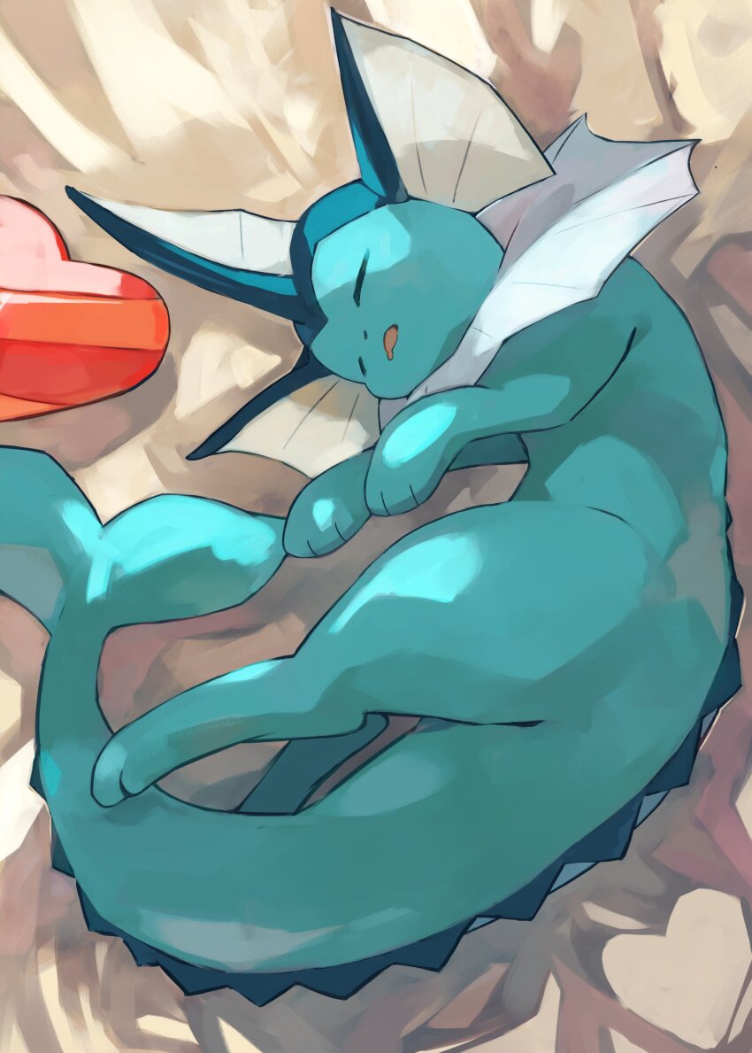 absurdres animal_hands bed_sheet closed_eyes creatures_(company) game_freak gara_(qbeuxvii22) gen_1_pokemon heart highres lying nintendo no_humans on_side open_mouth pokemon pokemon_(creature) saliva sleeping solo tail vaporeon