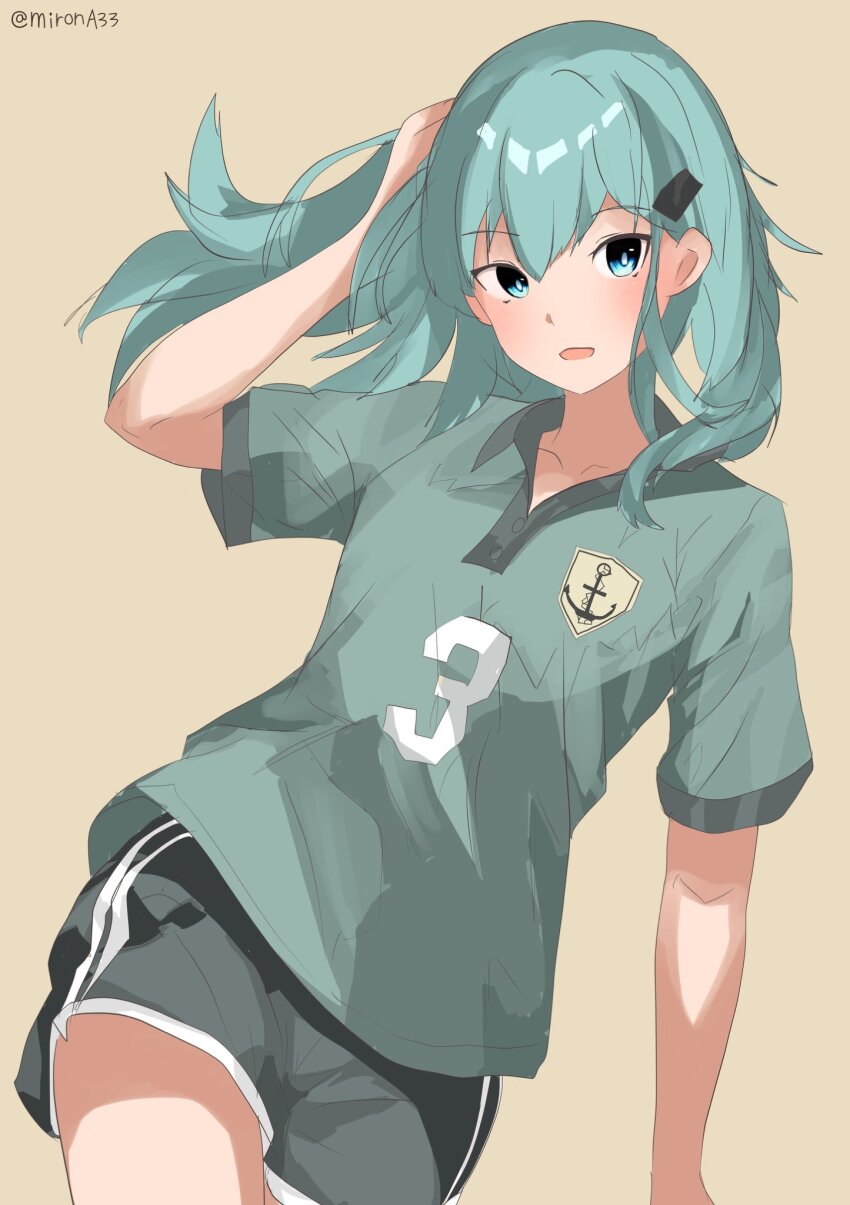 1girl adjusting_hair alternate_costume anchor_print aqua_hair collarbone collared_shirt commentary_request cowboy_shot dutch_angle green_shirt green_shorts hair_between_eyes hair_ornament hairclip hand_up highres kantai_collection long_hair looking_at_viewer miron_(mirona33) shirt short_shorts short_sleeves shorts sidelocks simple_background soccer_uniform solo sportswear standing suzuya_(kancolle) twitter_username yellow_background