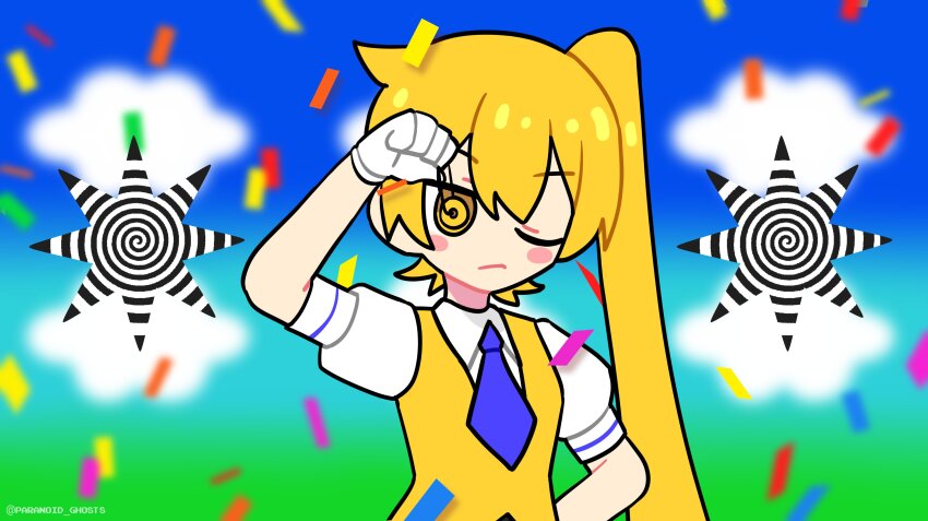 1girl absurdres akita_neru blonde_hair channel_(_caststation)_(style) commentary confetti english_commentary gloves highres hypnosis long_hair mesmerizer_(vocaloid) mind_control necktie one_eye_closed paranoid_ghosts pendulum short_necktie side_ponytail spiral vest vocaloid white_gloves yellow_eyes yellow_vest