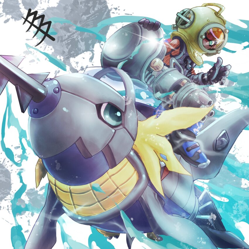 artist_logo claws digimon digimon_(creature) fins fish harpoon highres inkling logo looking_at_another nintendo splatoon_(series) submarimon submarine tail watercraft