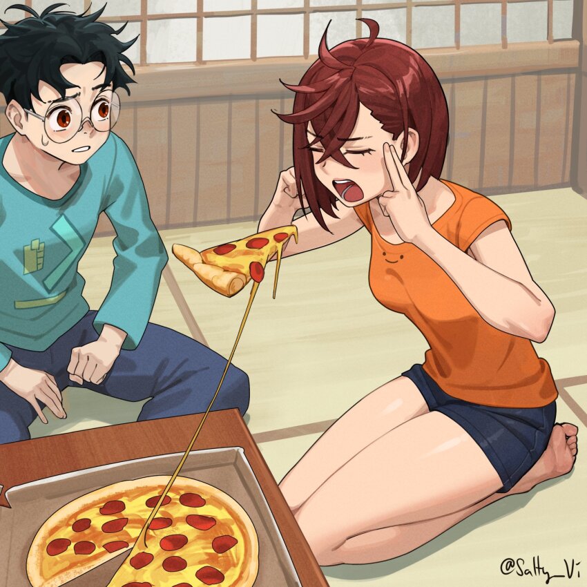 1boy 1girl ayase_momo bare_legs barefoot black_hair blue_pants blue_shirt blue_shorts breasts brown_hair closed_eyes commentary crossed_bangs dandadan english_commentary feet fingers_to_head floating food glasses hair_between_eyes highres indoors legs long_sleeves man_levitating_pizza_(meme) medium_breasts meme open_mouth orange_shirt pants parted_lips pepperoni pepperoni_pizza pizza pizza_box pizza_slice red_eyes round_eyewear seiza shirt short_hair short_shorts short_sleeves shorts sitting soles sweatdrop takakura_ken_(dandadan) tatami teeth telekinesis thighs toes tongue twitter_username violet_sears