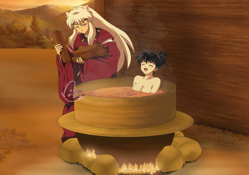 1boy 1girl :d ^_^ animal_ears bathing bead_necklace beads black_hair breasts cat_ears cleavage closed_eyes collarbone commentary english_commentary fire highres higurashi_kagome inuyasha inuyasha_(character) japanese_clothes jewelry kimono long_hair medium_breasts necklace nude open_mouth outdoors red_kimono smile straight_hair sunset taisana tooth_necklace very_long_hair white_hair wooden_bathtub