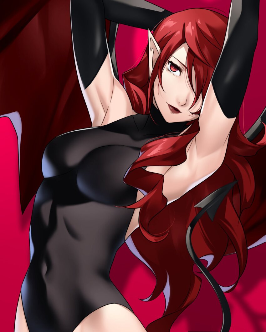 1girl alternate_costume armpits arms_behind_head bare_shoulders black_gloves black_leotard breasts commentary demon_girl demon_wings elbow_gloves english_commentary fake_wings gloves hair_over_one_eye halloween halloween_costume highres kirijou_mitsuru large_breasts leotard lips looking_at_viewer one_eye_covered persona persona_3 pointy_ears red_background red_eyes red_hair red_lips simple_background smile solo succubus_(megami_tensei) wanderstillart wings