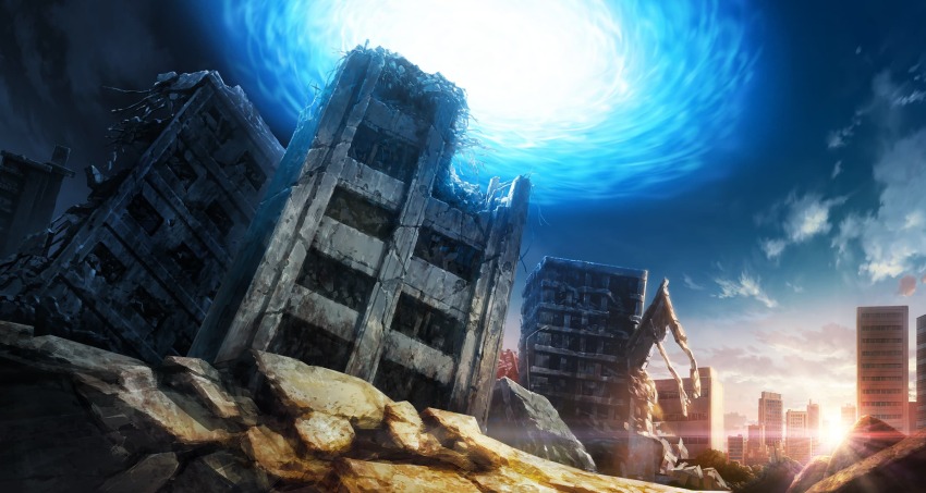 blue_sky building cloud ground_shatter highres no_humans official_art rubble ruins scenery sky solo_leveling sun sunrise wormhole