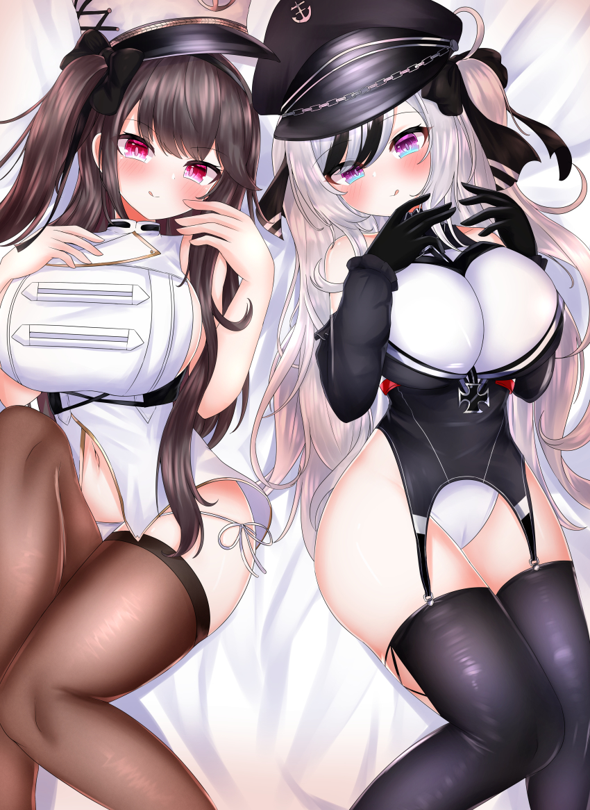 2girls absurdres azur_lane bare_arms bare_shoulders black_dress black_gloves black_hair black_headwear black_legwear blue_eyes blush breasts cleavage coat coat_dress cross dress elbe_(azur_lane) gloves hair_between_eyes hat highres iron_cross large_breasts long_hair looking_at_viewer min1910 multicolored_hair multiple_girls padded_coat pamiat_merkuria_(azur_lane) pamiat_merkuria_(retrofit)_(azur_lane) peaked_cap purple_eyes russian_clothes shirt simple_background smile streaked_hair striped_clothes striped_headwear thighhighs white_coat white_headwear