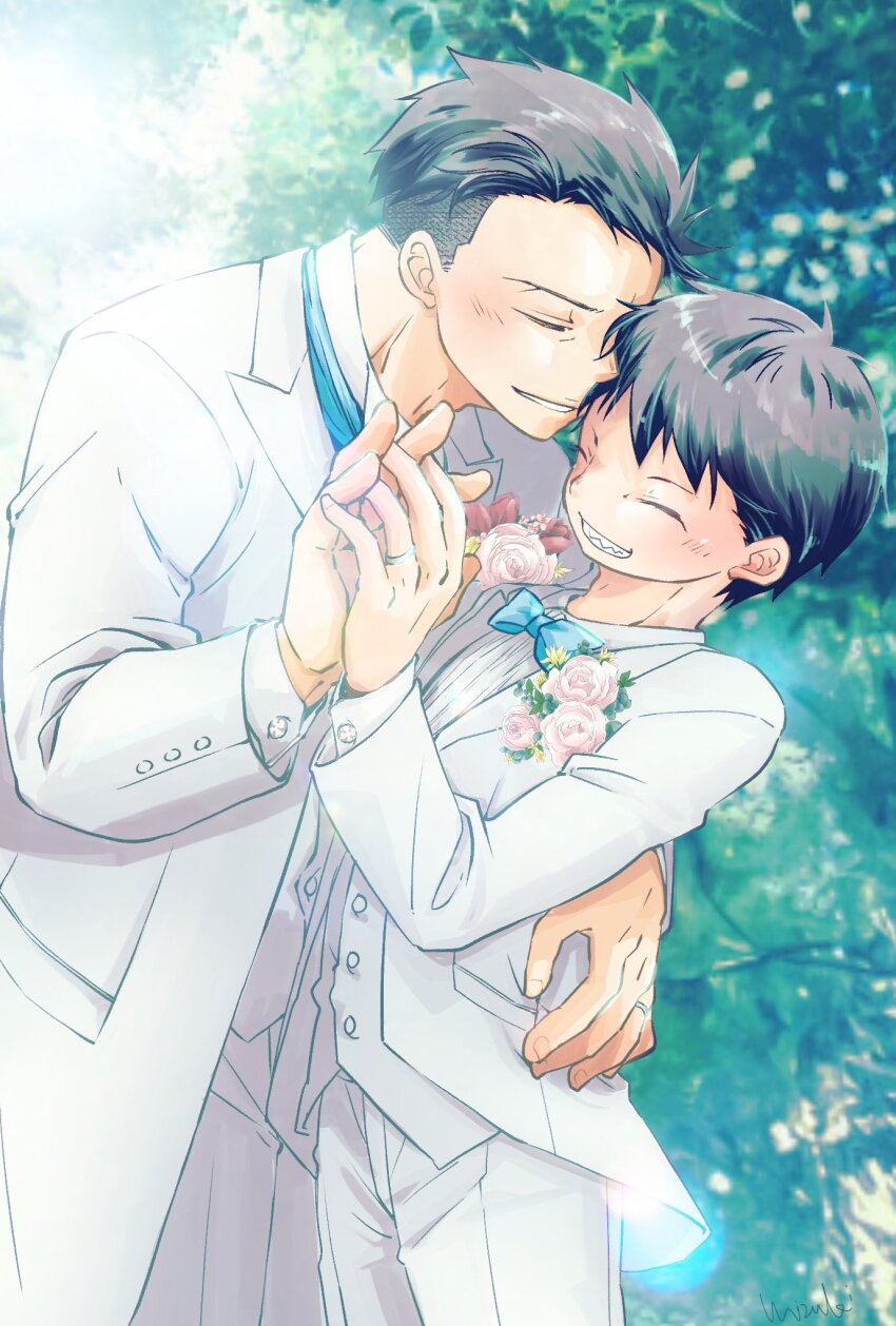 2boys age_difference akitaru_oubi black_hair blue_bow blue_bowtie blush bow bowtie closed_eyes coat collared_coat commentary_request couple cowboy_shot en&#039;en_no_shouboutai flower grin highres holding_hands leaf male_focus multiple_boys mzkenen onii-shota pants pink_flower pink_rose rose rose_pin sharp_teeth shinra_kusakabe short_hair smile teeth undercut wedding white_coat white_pants yaoi