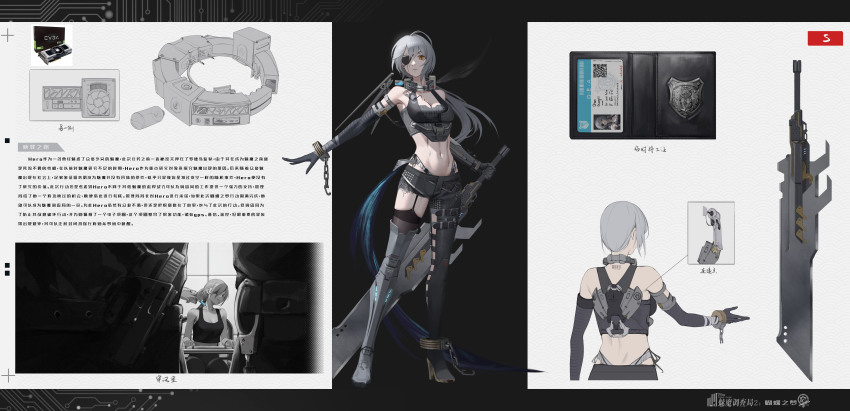 1girl absurdres ankle_cuffs asymmetrical_clothes breasts butterfly_wings character_sheet collar elbow_gloves english_text eyepatch full_body gloves grey_hair high_heels highres huge_weapon insect_wings long_hair low_ponytail low_wings medium_breasts midriff navel original prosthesis prosthetic_leg revealing_clothes reverse_grip roundschen scar scar_across_eye science_fiction single_pantsleg slit_pupils standing weapon wings yellow_eyes