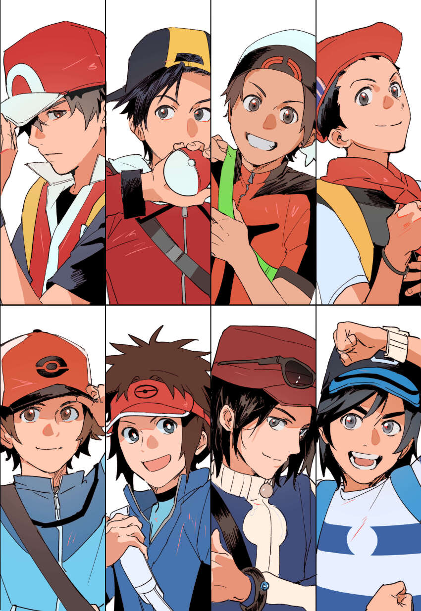 6+boys absurdres arm_up backwards_hat baseball_cap beanie beret black_hair blue_jacket bracelet brendan_(pokemon) brown_hair calem_(pokemon) clenched_hands closed_mouth commentary_request creatures_(company) elio_(pokemon) ethan_(pokemon) eyewear_on_headwear game_freak grin hand_on_headwear hand_up hat highres hilbert_(pokemon) holding holding_poke_ball jacket jewelry korean_commentary lucas_(pokemon) multiple_boys nate_(pokemon) nintendo open_mouth poke_ball poke_ball_(basic) pokemon pokemon_bw pokemon_bw2 pokemon_dppt pokemon_frlg pokemon_hgss pokemon_oras pokemon_sm pokemon_xy red_(pokemon) red_hat red_jacket red_vest sangrokei scarf short_hair smile sunglasses teeth vest visor_cap z-ring zipper_pull_tab