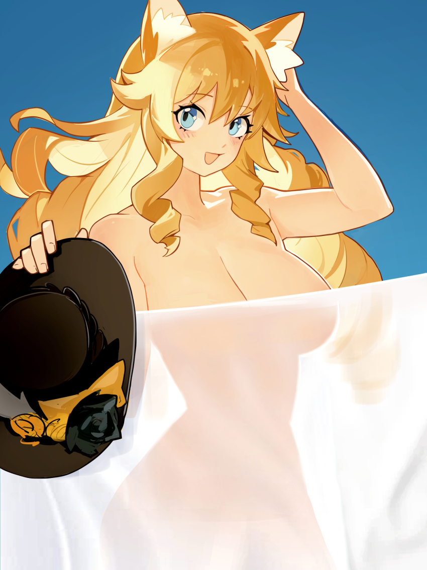 1girl animal_ears bed_sheet black_hat blonde_hair blue_background blue_eyes blush breasts cat_ears distr drill_hair drill_sidelocks genshin_impact hand_up hat highres holding holding_hat holding_unworn_clothes large_breasts looking_at_viewer naked_sheet navia_(genshin_impact) patreon_username revision see-through_silhouette sidelocks simple_background solo twin_drills