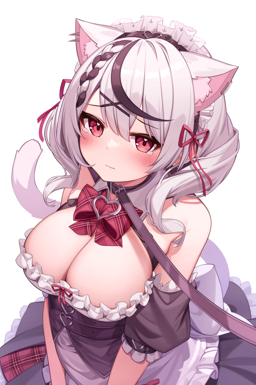 1girl absurdres animal_ears apron belt black_belt black_collar black_hair blush bow braid breasts buckle cat_ears cat_tail cleavage closed_mouth collar deaver detached_sleeves ear_piercing frills from_above hairband heart heart-shaped_buckle heart_pendant highres hololive large_breasts leash looking_at_viewer looking_up maid_apron maid_headdress multicolored_hair piercing plaid_bow red_eyes red_ribbon ribbon sakamata_chloe solo streaked_hair tail tearing_up upper_body virtual_youtuber white_hair