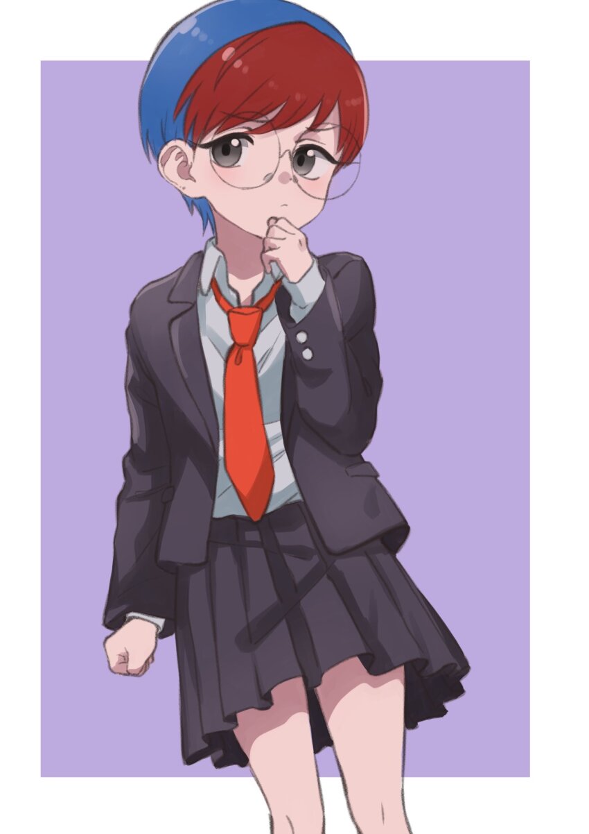 1girl black_skirt blue_hair border clenched_hand collared_shirt creatures_(company) female_focus formal_clothes game_freak glasses grey_eyes highres jacket looking_at_viewer multicolored_hair necktie nintendo outside_border penny_(pokemon) pleated_skirt pokemon pokemon_sv purple_background red_hair red_necktie round_eyewear shirt shirt_tucked_in short_hair skirt solo tankobukids two-tone_hair white_border white_shirt