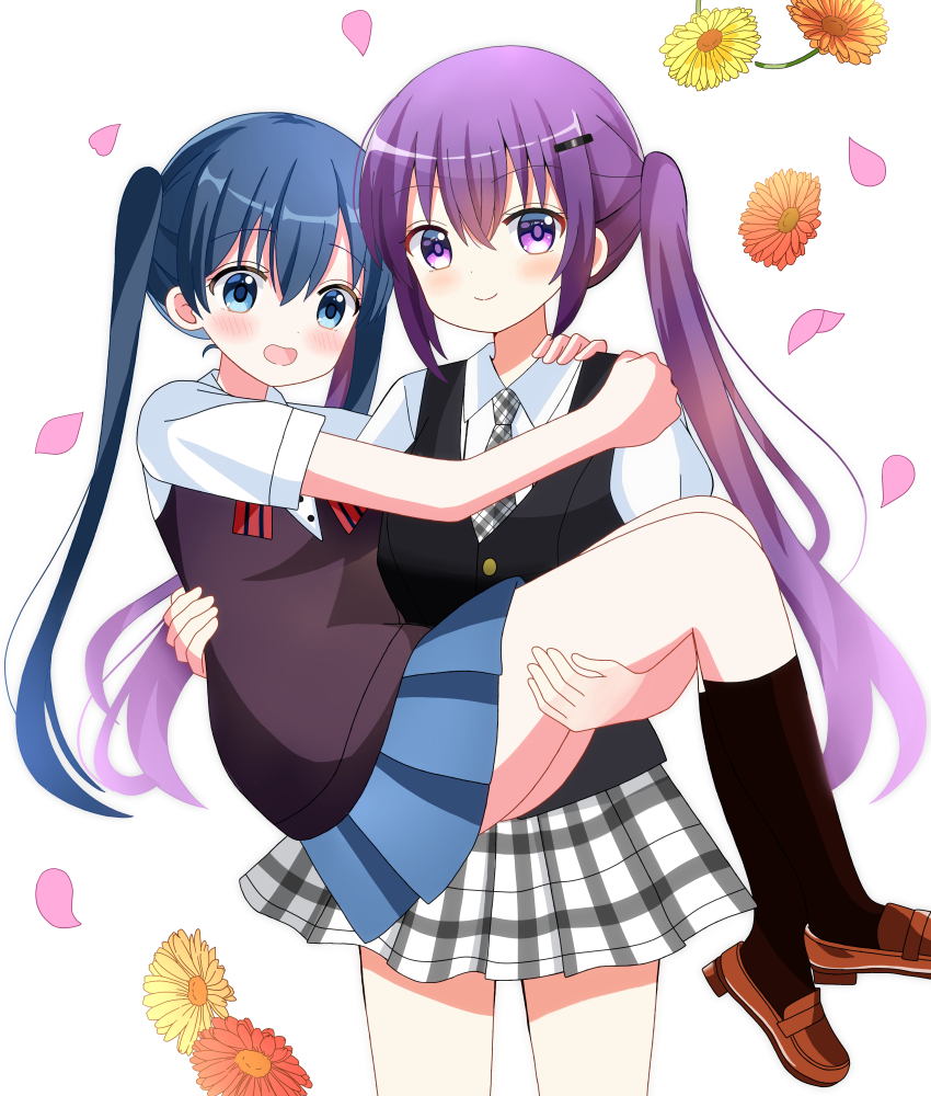 absurdres black_vest blue_eyes blue_hair blue_skirt brown_flower brown_footwear brown_socks carrying commission crossover flower gochuumon_wa_usagi_desu_ka? highres kin-iro_mosaic komichi_aya loafers long_hair necktie petals pixiv_commission plaid_clothes plaid_necktie plaid_skirt pleated_skirt princess_carry puffy_short_sleeves puffy_sleeves purple_eyes purple_hair red_flower ryoutan school_uniform shirt shoes short_sleeves simple_background skirt socks standing sweater_vest tedeza_rize twintails very_long_hair vest voice_actor_connection white_background white_shirt yellow_flower