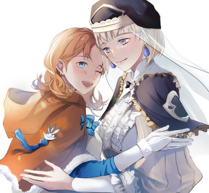 2girls annette_fantine_dominic blonde_hair blue_eyes brown_dress brown_hat capelet center_frills closed_mouth dress earrings fire_emblem fire_emblem:_three_houses frills gloves hat highres hug jewelry long_sleeves medium_hair mercedes_von_martritz multiple_girls nintendo one_eye_closed open_mouth orange_capelet orange_hair purple_eyes short_hair simple_background teeth upper_body upper_teeth_only veil white_background white_dress white_gloves zat_296