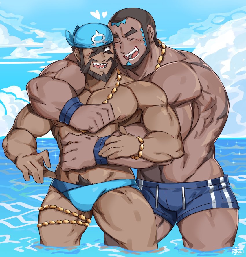 2boys abs absurdres archie_(pokemon) bandana bara bead_necklace beads beard biceps blue_male_swimwear blue_swim_briefs blue_swim_trunks bulge closed_eyes cloud cloudy_sky couple creatures_(company) dark-skinned_male dark_skin drawstring facial_hair fangs feet_out_of_frame game_freak graysheartart highres hug jewelry large_pectorals looking_at_another male_focus male_pubic_hair male_swimwear manly matt_(pokemon) mature_male multiple_boys muscular muscular_arms muscular_legs muscular_male necklace nintendo nipples ocean one_eye_closed outdoors pectorals pokemon pokemon_oras pubic_hair pubic_hair_peek scar sky smile swim_briefs swim_trunks swimsuit teeth thick_eyebrows thighs tongue water yaoi