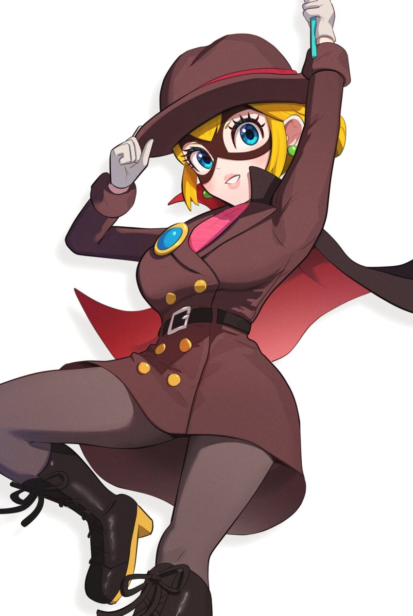 1girl belt blonde_hair blue_eyes boots breasts brown_coat brown_pants cape coat dashing_thief_peach domino_mask earrings eyelashes fedora gloves gonzarez hat hat_tip jewelry large_breasts lipstick looking_at_viewer makeup mario_(series) mask nintendo pants princess_peach princess_peach:_showtime! smile swinging thighs