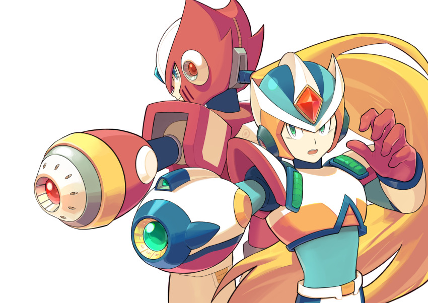 2boys arm_cannon armor back-to-back blonde_hair blue_eyes blue_helmet cowboy_shot forehead_jewel from_behind green_eyes helmet long_hair male_focus mega_man_(series) mega_man_x2 mega_man_x_(series) multiple_boys red_helmet second_armor_x_(mega_man) simple_background u_wstr upper_body weapon white_armor white_background white_helmet x_(mega_man) zero_(mega_man)