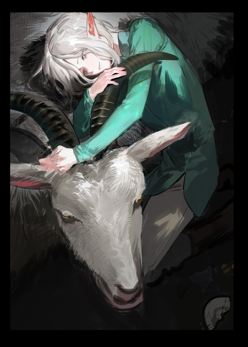 1boy absurdres animal animal_hug dungeon_meshi elf goat_(dungeon_meshi) green_shirt grey_eyes grey_hair high_collar highres kneeling leaning_on_animal long_sleeves looking_at_another male_focus medium_hair mithrun mithrun_(young) ochitsukutsuku oversized_animal pants pointy_ears shirt smile wavy_hair