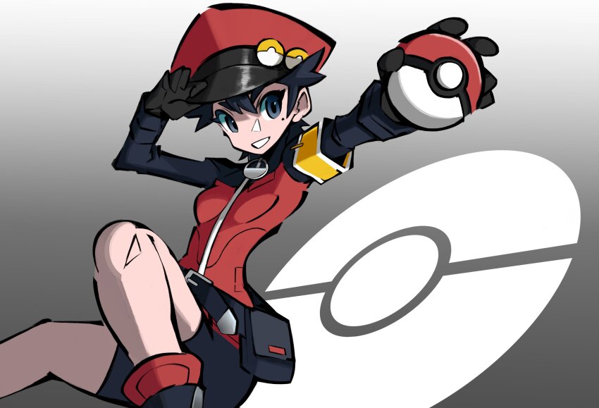 1girl absurdres armband belt black_gloves black_hair black_shorts breasts commentary creatures_(company) game_freak gloves hand_on_headwear hat highres holding holding_poke_ball long_sleeves mole mole_under_eye nintendo poke_ball poke_ball_(basic) poke_ball_symbol pokemon pokemon_masters_ex pokemon_ranger_(pokemon) red_hat shakeeeeeeeee shoes short_hair shorts simple_background small_breasts solo yellow_armband