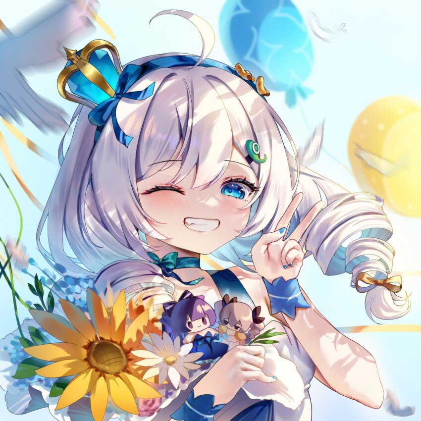 1girl balloon benghuai_xueyuan bird birthday blue_dress blue_eyes blue_hairband blue_nails bronya_zaychik character_doll commentary_request crown doll dress drill_hair flower grin hair_ornament hairband hairclip highres holding holding_doll honkai_(series) kiana_kaslana long_hair looking_at_viewer mini_crown one_eye_closed raiden_mei sin_mal0909 smile solo twin_drills upper_body v white_hair yellow_flower