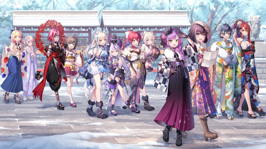 6+girls absurdres ahoge alternate_costume alternate_hairstyle artist_request azki_(hololive) azki_(new_year)_(hololive) black_gloves black_hair black_hakama black_kimono blonde_hair blue_hair blue_hakama blue_kimono boots commentary_request day demon_girl dog_girl elizabeth_rose_bloodflame elizabeth_rose_bloodflame_(new_year) floral_print floral_print_kimono flower fuwawa_abyssgard fuwawa_abyssgard_(new_year) gloves hair_flower hair_ornament hakama hakama_skirt high_heels highres hololive hololive_dev_is hololive_english hololive_indonesia horns houshou_marine houshou_marine_(new_year) japanese_clothes kanzashi kimono kureiji_ollie kureiji_ollie_(new_year) la+_darknesss la+_darknesss_(new_year) long_hair looking_at_viewer mococo_abyssgard mococo_abyssgard_(new_year) momosuzu_nene momosuzu_nene_(new_year) multiple_girls natsuiro_matsuri natsuiro_matsuri_(new_year) no_socks official_alternate_costume official_alternate_hairstyle official_art okobo ouro_kronii ouro_kronii_(new_year) outdoors pink_hair pink_kimono purple_hair purple_kimono red_hair sandals second-party_source short_hair skirt todoroki_hajime tokoyami_towa tokoyami_towa_(new_year) tsumami_kanzashi very_long_hair virtual_youtuber walking white_kimono