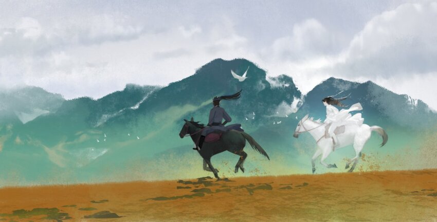 2boys bird black_footwear boots bridle chinese_clothes cloud hair_ribbon hanfu headband high_ponytail horse horseback_riding long_hair long_sleeves mountain multiple_boys overcast qiang_jin_jiu ribbon riding saddle shen_lanzhou sky stirrups_(riding) white_hanfu white_ribbon wide_sleeves xiao_chiye xybother