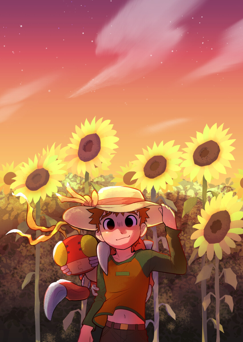 1boy antennae belt black_eyes brown_belt brown_hair brown_shirt bug claws digimon digimon_(creature) digitalpoisun exoskeleton flower green_sleeves hat highres izumi_koshiro looking_at_viewer navel outdoors raglan_sleeves shirt short_hair spikes sunflower tentomon