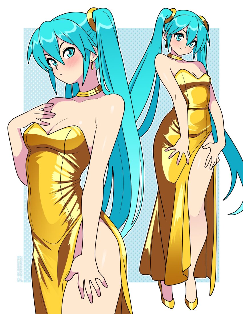 1girl absurdres aqua_eyes aqua_hair bare_shoulders blush breasts cleavage earrings gold gold_choker gold_dress gold_footwear hair_between_eyes hair_ornament hatsune_miku high_heels highres jewelry long_hair looking_at_viewer nico-neko side_slit small_breasts smile solo twintails very_long_hair vocaloid