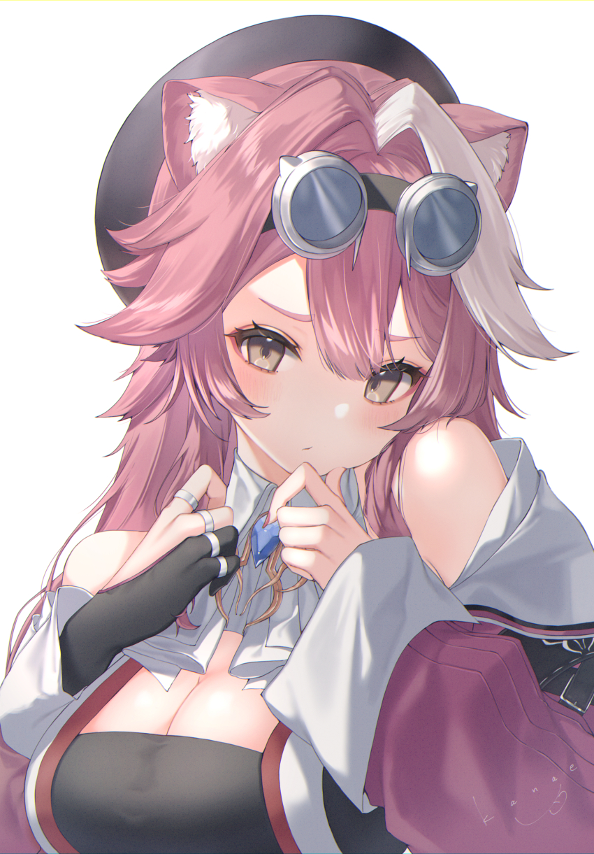 1girl absurdres animal_ear_fluff animal_ears ascot beret black_gloves black_hat black_tank_top blush breasts cleavage closed_mouth coat commentary eyeshadow fingernails gloves goggles goggles_on_head half_gloves hat highres hololive hololive_english jewelry kanae_(inorin05kanae) large_breasts long_hair long_sleeves looking_at_viewer makeup multicolored_hair nail_polish open_clothes open_coat panther_ears panther_girl pink_coat pink_eyeshadow pink_hair pink_nails raora_panthera raora_panthera_(1st_costume) ring signature simple_background single_half_glove solo streaked_hair tank_top two-tone_hair vest virtual_youtuber white_ascot white_background white_hair white_vest yellow_eyes