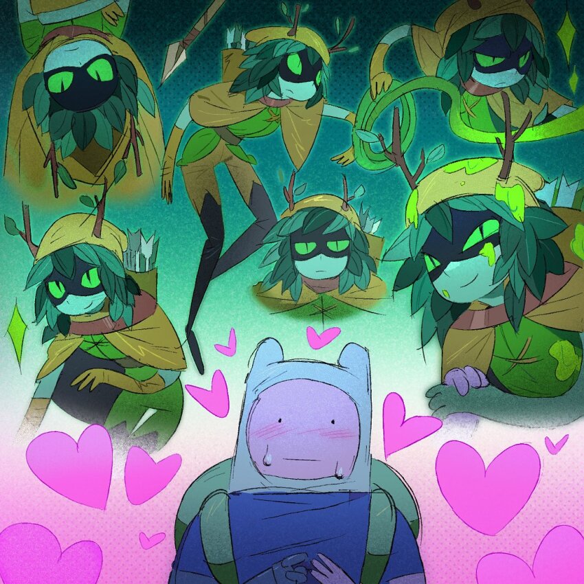 1boy 1girl adventure_time arrow_(projectile) backpack bag blue_shirt colored_skin commentary english_commentary finn_the_human full_body green_bag green_eyes green_skin hat hat_with_ears heart huntress_wizard looking_at_viewer multiple_views no_nose plant_hair quiver shirt slit_pupils smile sweat tangchao47 upper_body