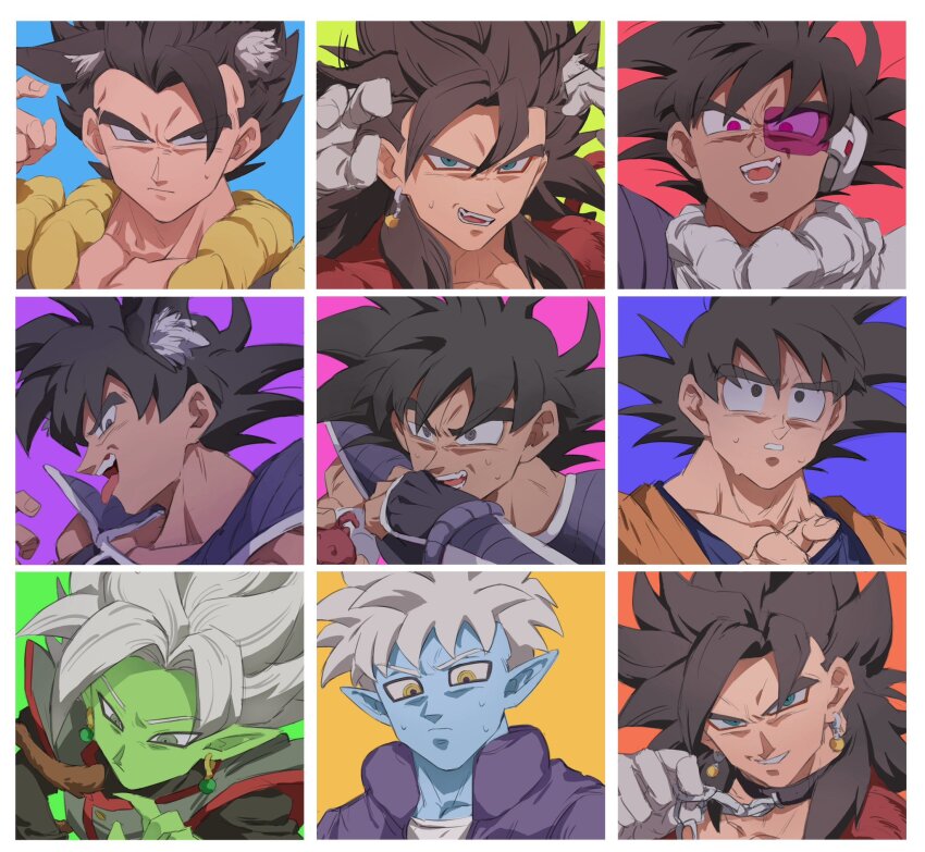 6+boys animal_ears aqua_eyes black_collar black_hair blue_skin border brown_hair chain chain_leash coat collar colored_skin commentary_request dark-skinned_male dark_skin demon_boy dragon_ball dragon_ball_daima dragon_ball_heroes dragonball_z earrings eyeliner fangs fused_zamasu glorio_(dragon_ball) gogeta green_skin grey_eyes highres holding holding_leash in-franchise_crossover jewelry leash looking_down makeup male_focus metamoran_vest monkey_boy monkey_tail multiple_boys multiple_persona natume12izr open_mouth pink-tinted_eyewear pink_eyes pointy_ears potara_earrings profile purple_coat red_eyeliner saiyan_armor scouter short_hair son_goku spiked_hair super_saiyan super_saiyan_4 tail tinted_eyewear tongue tongue_out tullece vegetto vegetto_(xeno) white_border white_hair yellow_eyes zamasu