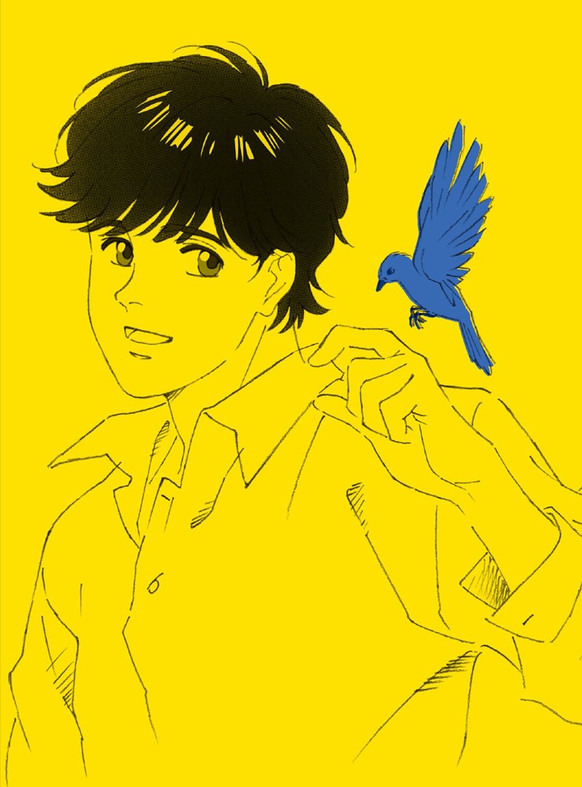 banana_fish bird black_eyes black_hair buttons cleaned collared_shirt eyebrows hair_between_eyes highres long_sleeves monochrome official_art okumura_eiji open_mouth shirt short_hair sleeves_past_elbows smile tongue yellow_background yellow_theme