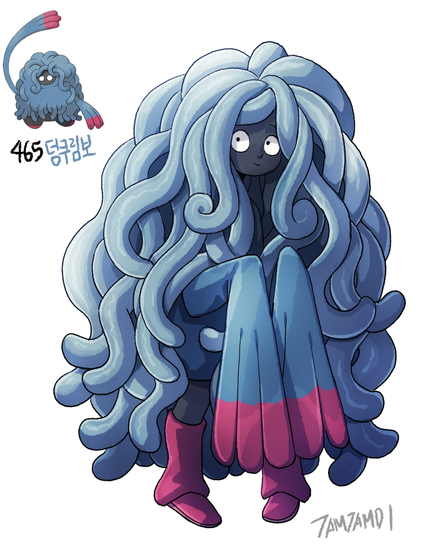 1girl black_eyes black_skin blue_hair blue_shirt colored_skin creatures_(company) full_body game_freak gen_4_pokemon highres long_hair long_sleeves looking_at_viewer nintendo personification pokemon pokemon_(creature) red_footwear reference_inset shirt signature sleeves_past_fingers sleeves_past_wrists tamtamdi tangrowth tentacle_hair translated very_long_hair white_background