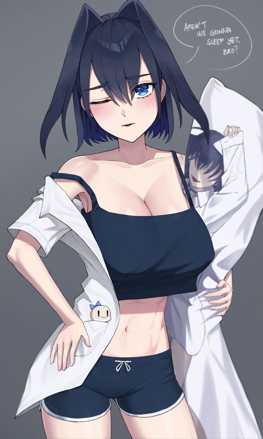 1girl abs absurdres black_hair black_shorts black_tank_top blue_eyes boros_(ouro_kronii) breasts cleavage commentary cowboy_shot crop_top crop_top_overhang dakimakura_(object) dolphin_shorts english_commentary english_text grey_background hair_intakes hand_on_own_hip highres holding holding_pillow hololive hololive_english large_breasts midriff migokami navel one_eye_closed open_clothes open_mouth ouro_kronii pillow shirt short_hair short_sleeves shorts simple_background speech_bubble strap_slip tank_top virtual_youtuber white_shirt