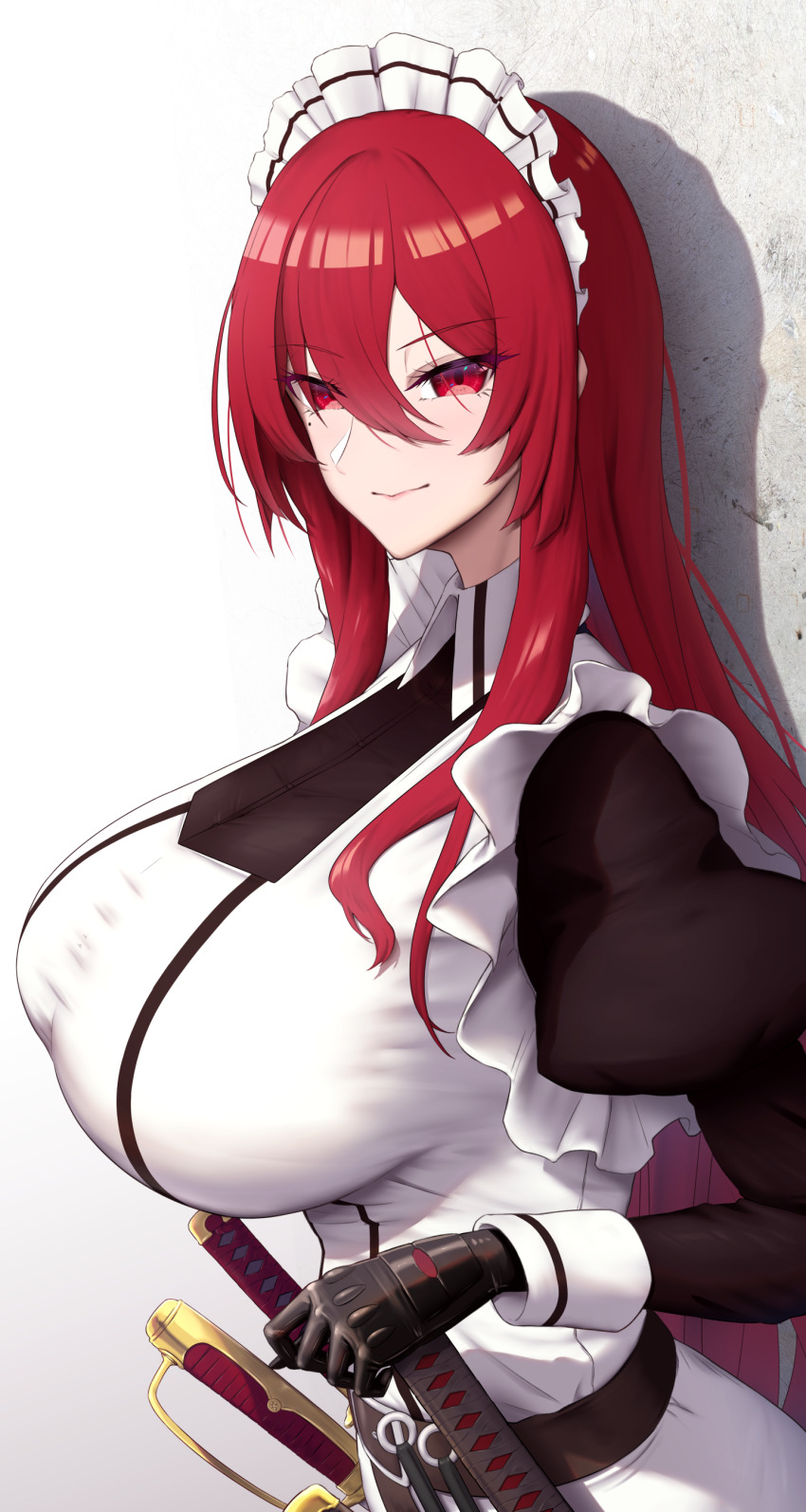 1girl absurdres black_gloves black_sleeves breasts collared_dress dress gloves hair_between_eyes highres katana large_breasts long_hair long_sleeves looking_at_viewer maid_headdress mole mole_under_eye original red_eyes red_hair shiroshisu sidelocks smile solo sword weapon white_dress