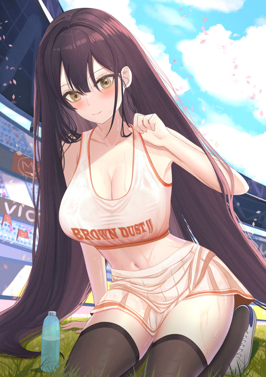 1girl absurdres adjusting_clothes armpits black_hair black_thighhighs blush breasts brown_dust_(series) brown_dust_2 brown_eyes cleavage cloud cloudy_sky copyright_name crop_top field full_body hair_between_eyes hand_on_ground highres jack554320 jersey large_breasts long_hair open_mouth plastic_bottle seiza shirt silhouette sitting skirt sky smile solo_focus stadium sweat sweaty_clothes thighhighs ventana_(brown_dust) very_long_hair white_footwear white_shirt white_skirt